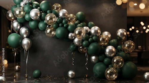 Balloons in metallic green and silver tones form an elegant arch installation against a dark textured wall in a luxury interior space.
