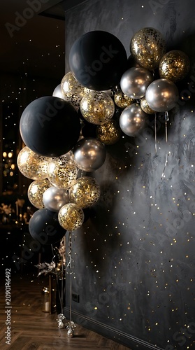 Balloons featuring a mix of matte black and shimmering gold confetti designs create a celebratory display against a dark moody backdrop.