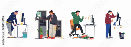 Set of flat illustrations featuring various people experiencing technological frustration, computer errors, server problems, and work-related stress in professional settings.