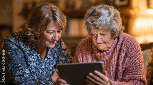 Two women of different generations sharing a tablet computer and smiling warmly