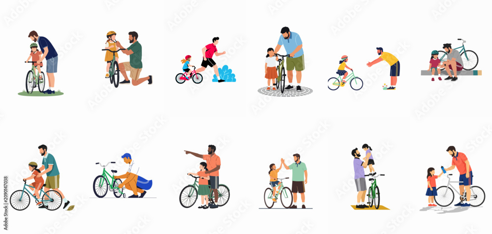Fototapeta premium Diverse collection of fathers teaching and enjoying bicycle riding with their daughters in various outdoor settings, featuring teaching, safety, and maintenance.