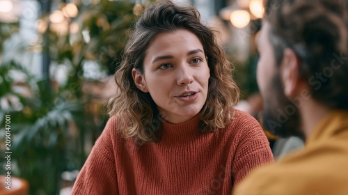 Young woman in an orange sweater talking to someone across a table
