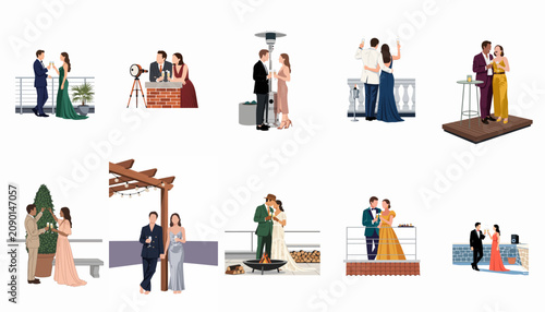 Elegant couples in formal attire celebrating various outdoor romantic occasions, including balcony parties, wedding receptions, and intimate dates with champagne.