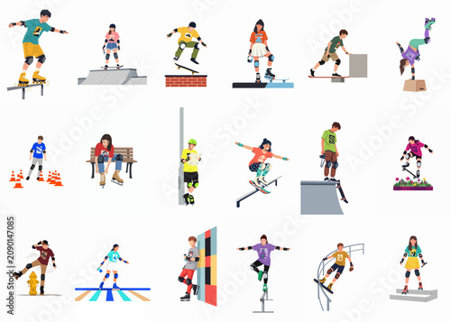 Collection of flat vector illustrations of young people skateboarding and rollerblading, performing various tricks and stunts in protective gear on a white background.