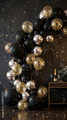 Balloons in black and gold colors form a decorative arrangement near a wooden table with champagne for a gala.
