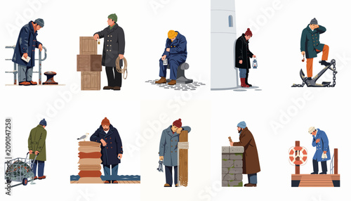 Tableau sur toile A collection of vector illustrations depicting lonely sailors and harbor workers in various melancholic poses, reflecting themes of waiting and sadness