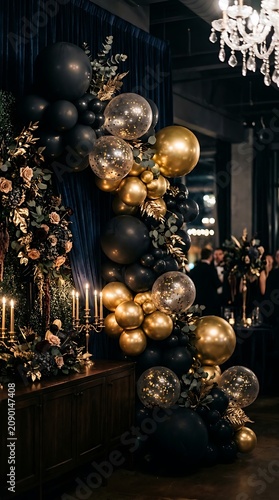 Balloons in black and gold create an elegant archway decoration for a formal celebratory event or gala dinner.