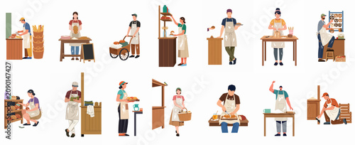 Flat illustration set of various bakers and bakery workers performing daily tasks in a bakehouse, including baking, packaging, and serving bread.