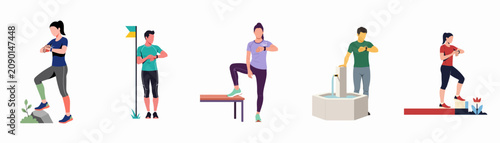 Принти на полотні Set of athletes and fitness enthusiasts checking their smartwatches during outdoor exercise, tracking performance and health data in flat vector style