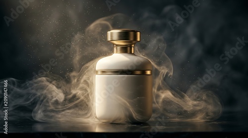 Perfume bottle with a metallic cap rests on a dark surface surrounded by wisps of mystical vapor or incense smoke.