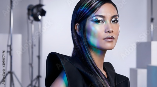 portrait of a striking woman with multi-color highlights and reflections across her face