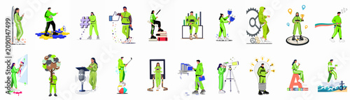 Collection of diverse vector characters in green tracksuits representing various modern professions, creative activities, social media, business, and lifestyle concepts.