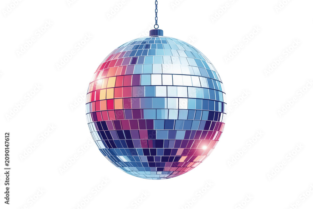 Fototapeta premium Disco ball hanging, reflecting colorful lights. Symbolizing celebration, party, and nightlife. A vibrant retro design. Transparent background