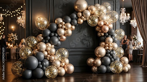 Balloons arranged in an elegant archway create a festive atmosphere for a high-end indoor evening gala celebration.