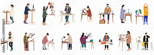 Diverse collection of people working from home or in a modern office setting using various workstations, laptops, and ergonomic standing desks, flat vector illustration.