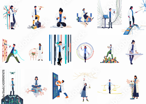 Collection of Vector Illustrations Featuring Scientists and Researchers Exploring Advanced Concepts in Neuroscience, Biotechnology, and Modern Technology