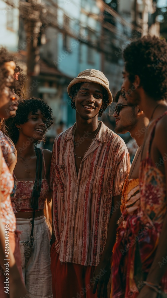 Obraz premium Young diverse friends laughing and talking together outdoors in a vibrant urban setting