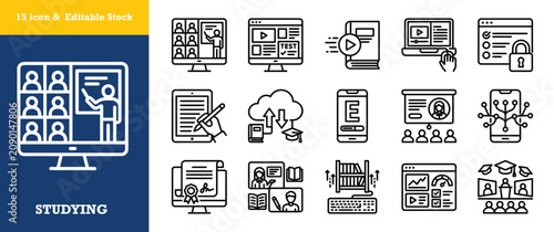 Photos Digital learning and virtual classroom platform icons for distance education and tutoring