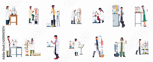 Konstfotografi Flat vector illustration set of scientists conducting experiments with various chemical laboratory equipment like flasks, beakers, and distillation setups on white background