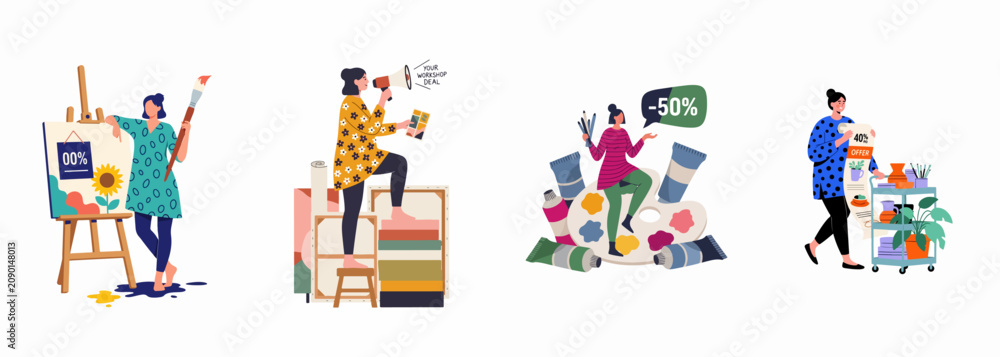 Fototapeta premium Set of flat vector illustrations featuring female artists promoting art workshops, painting supplies sales, and discounts on creative courses and pottery lessons.