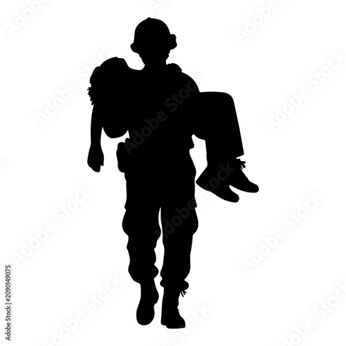 Foto Silhouette of a Soldier Carrying a Child and Backpack.