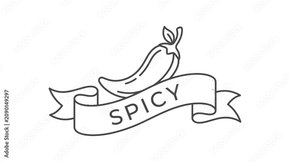 Obraz premium Minimalist Chili Pepper Line Art with Spicy Ribbon Banner