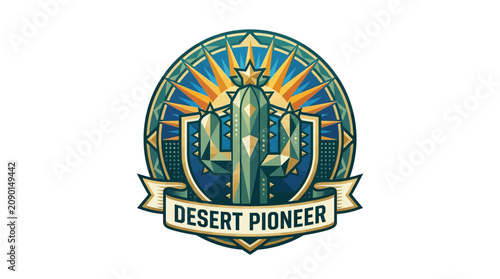 Obraz na płótnie Desert pioneer emblem featuring cactus and sunburst vector illustration