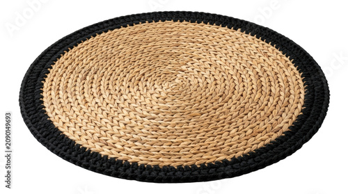 Round woven placemat with natural and black border.