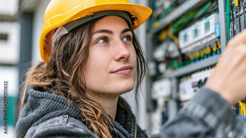 Young female electrician wearing a yellow hard hat works on an electrical panel