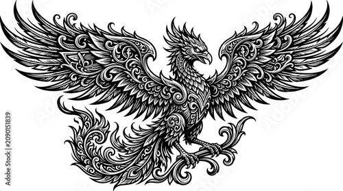 Fotografie Ornate Phoenix Bird Illustration, Mythical Creature, Black and White