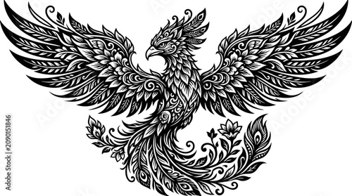 Fotografie Ornate Phoenix Bird Tattoo Design, Mythical Creature Illustration