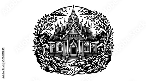 Konstfotografi Ornate Thai Temple Surrounded by Nature, Black and White Illustration