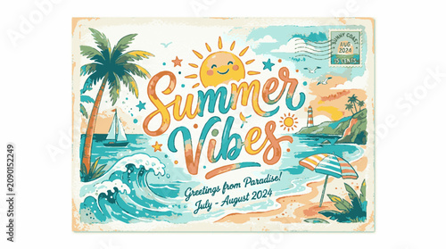 Vintage style summer vibes tropical beach postcard illustration with coastal views