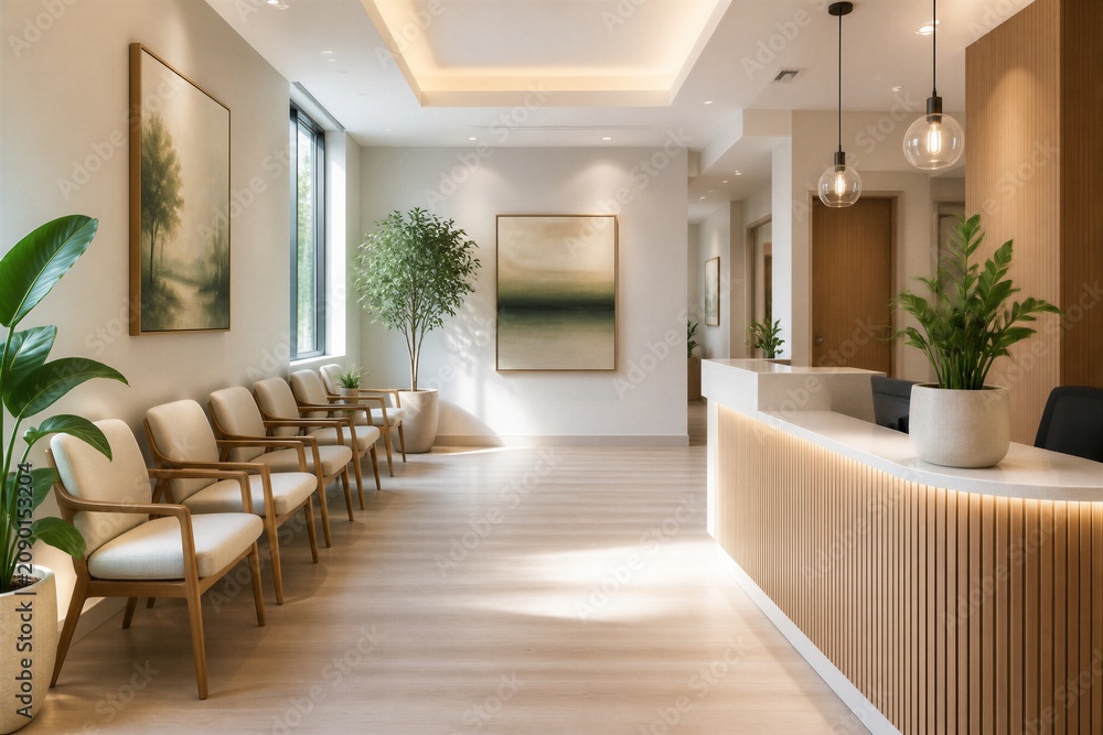Fototapeta premium Modern reception waiting area with chairs and plants
