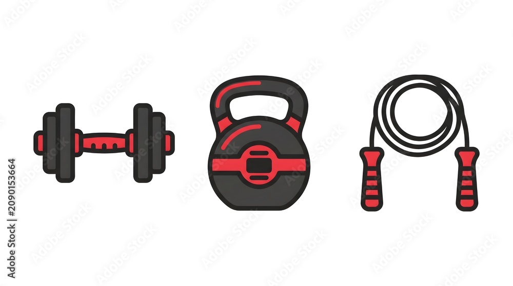 Obraz premium Gym Equipment Icon Trio Dumbbell Kettlebell Rope — Charcoal Red Fitness Flat Vector