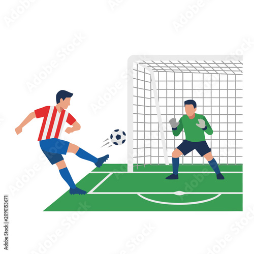 Принти на полотні Flat vector illustration of a football player taking a penalty kick against a goalkeeper defending the goal net on a green field pitch