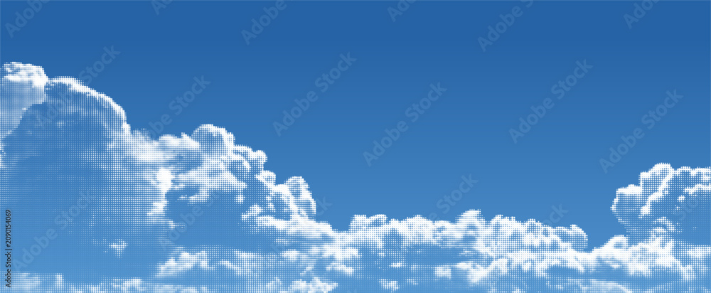 Fototapeta premium Halftone Cloud on Blue Gradient Sky. Vector Halftone Retro Pop Art Pattern. Abstract White Half Tone Effect Clouds. Summer Sky Manga Book Anime Background.