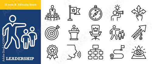 Visionary leadership line icons depicting strategic direction and organizational structure.