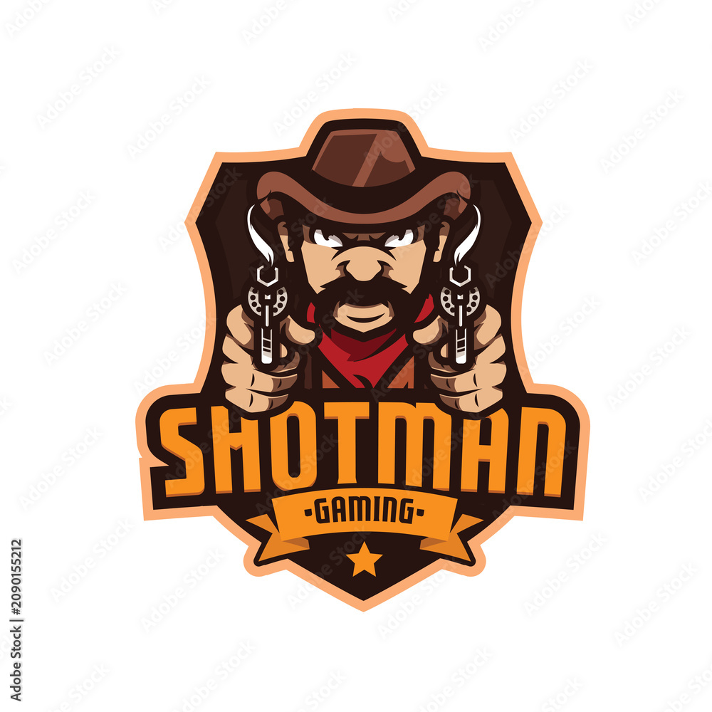 Fototapeta premium Cowboy Gunslinger Mascot Logo with Dual Revolvers – Western Esports Gaming Vector Emblem
