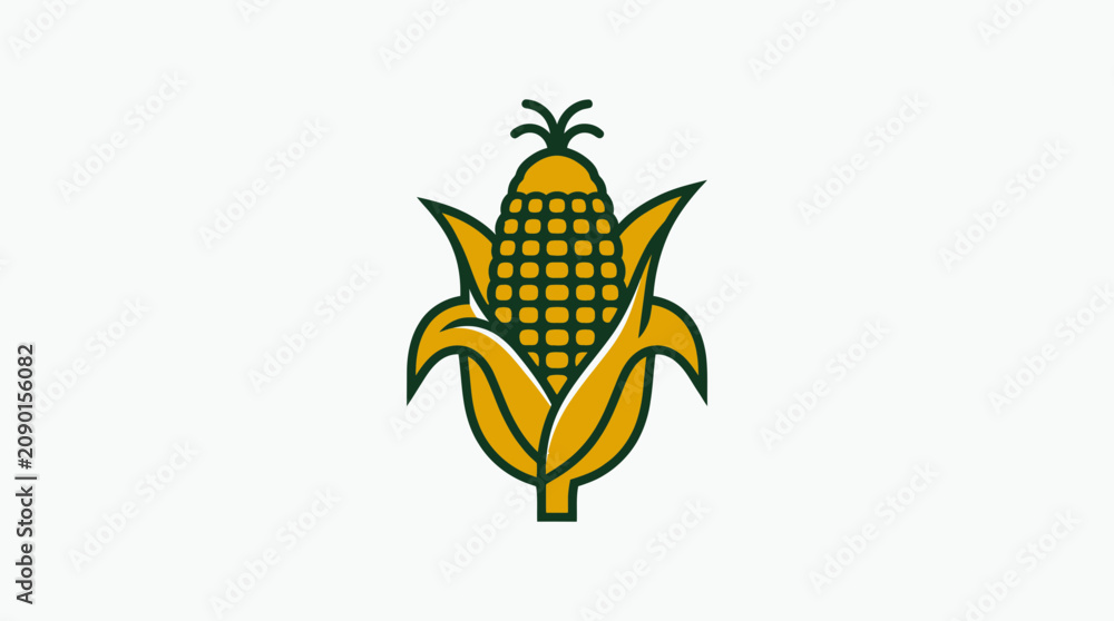 Naklejka premium Stylized Corn Cob Icon with Green Leaves on White Background