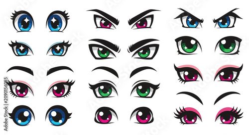 Cartoon anime eyes with eyelashes eyebrows.
