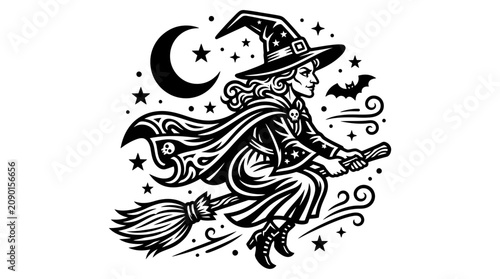 Bild auf Leinwand Witch Flying Broomstick Moon Stars Bat Halloween Vector Illustration