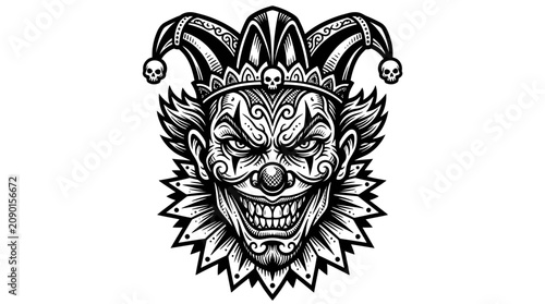 Quadro su tela Scary Evil Clown Face, Jester Hat, Horror, Halloween, Tattoo Design, Black and W