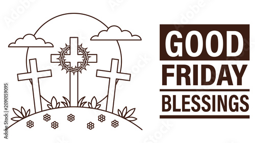Foto Good friday blessings religious illustration with three crosses crown of thorns and hill
