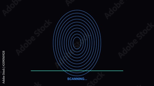 A digital fingerprint scan interface is depicted with concentric rings and a scanning line, indicating biometric authentication and security.
