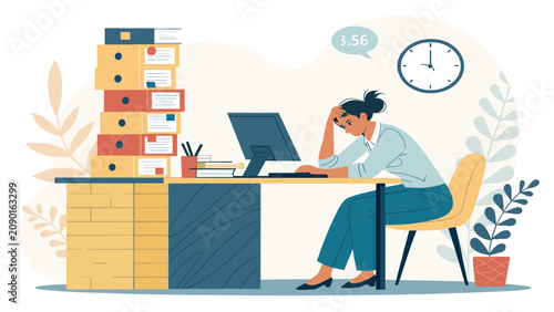 Stressed Businesswoman Overwhelmed by Heavy Workload at Office Desk