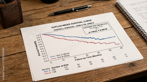 Kaplan-Meier survival curve printout with censored data points and a log-rank test p-value on a biostatistician desk.