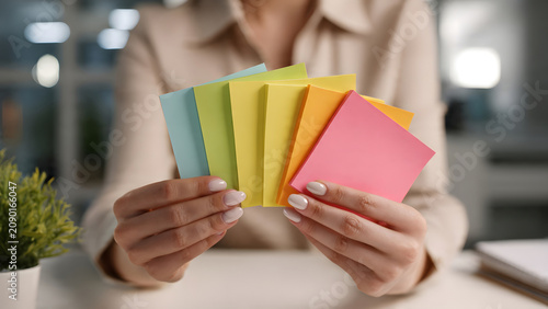 A professional businesswoman holds a neat fan of vibrant colorful sticky notes in her hands at an office desk for organizing project management tasks.
