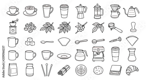 Foto Minimalist coffee icon set, 40 line art vector elements for cafe branding, black