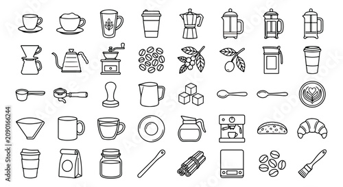Foto Minimalist coffee icon set with 40 line art elements, modern cafe equipment and